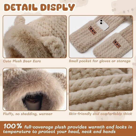 Women\'s Khaki Hooded Scarf Cute Bear Ear Hat Faux Fur Gloves Set Soft